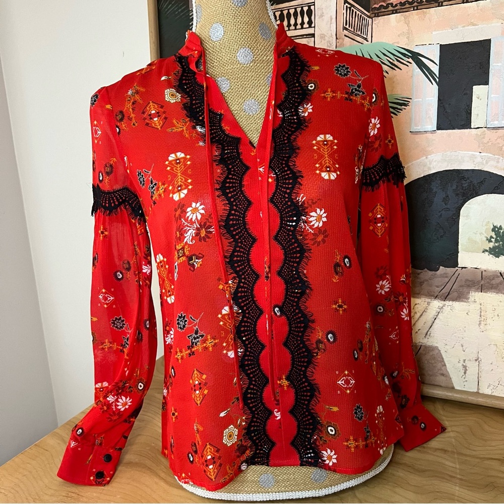 10 Crosby Derek Lam Red Floral Semisheer Blouse NWOT